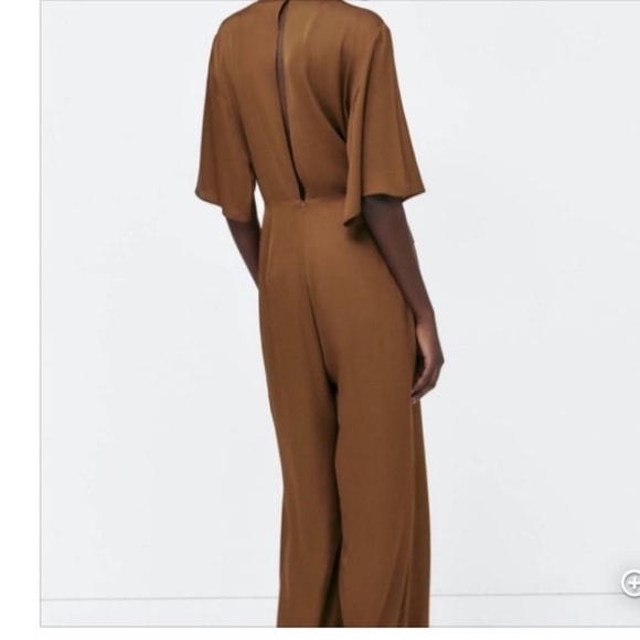 Zara Brown Satin Effect Twisted Effect Plunging Neckline Jumpsuit Size X… - Picture 9 of 16